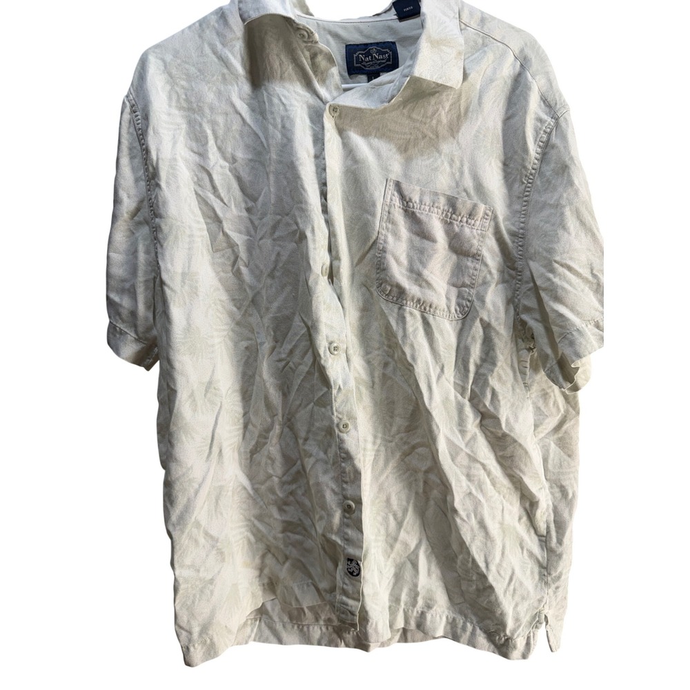 Nat Nast Luxury Originals Mens Large Silk Cotton Palm Leaf Button Down Shirt Tan